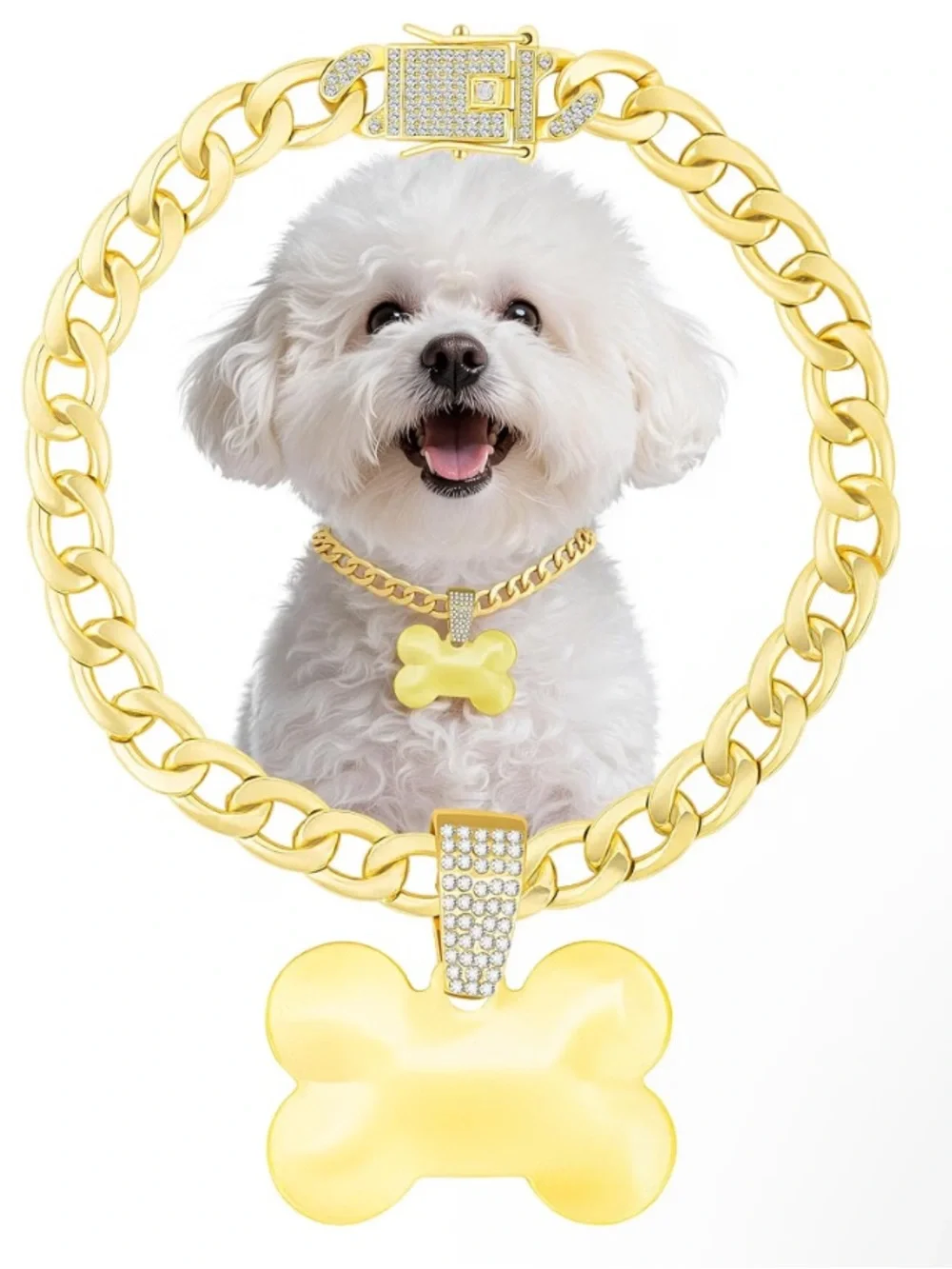 Cuban Gold Link Heavy Duty Dog Necklace - 8in, Bone-Shaped Polished